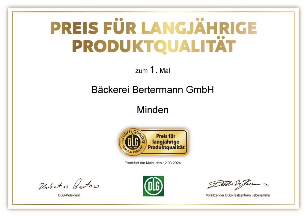 Bäckerei Bertermann Minden · Heimat. Herz. Backen · Produktqualität Urkunde